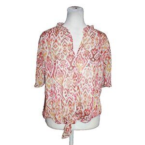 Haver London Sheer Lined Blouse Tie Front Size M Short Sleeve White Red Rust NEW
